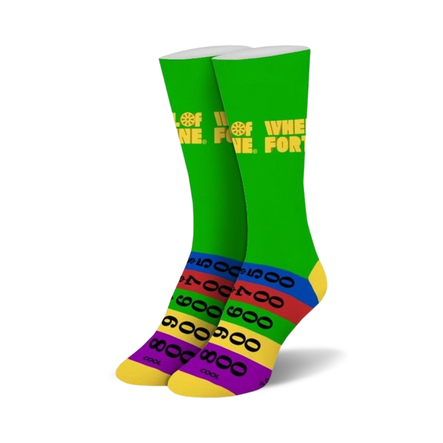 Pair of crew socks in green with the Wheel of Fortune logo and colorful stripes at the bottom, reminiscent of the game's score board.