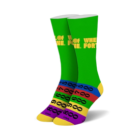 green crew socks for women adorned with playful pattern of numbers and letters inspired by the wheel of fortune game.  