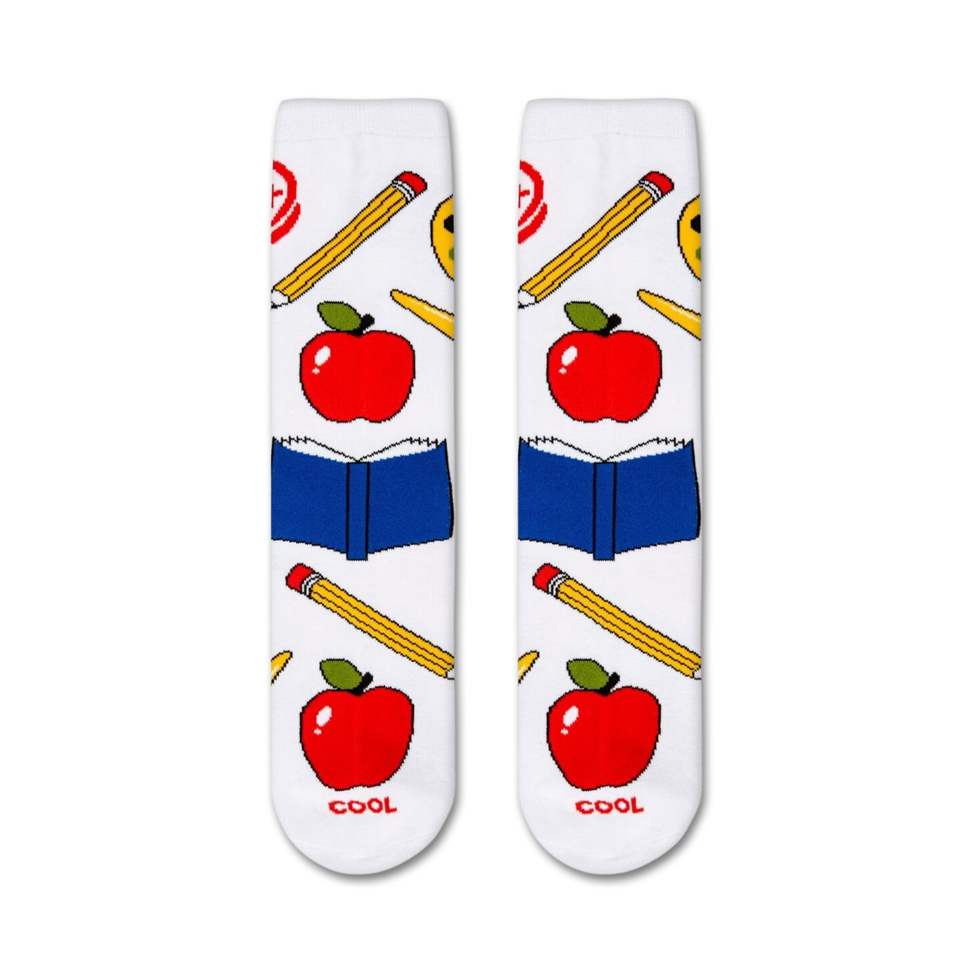 Close-up shot of the Teacher socks, showcasing the design details and the word 'COOL' at the bottom.