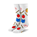 Pair of white crew socks with colorful illustrations of apples, pencils, paint palettes, and books.  Perfect for teachers!