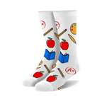 Pair of white crew socks with colorful illustrations of apples, pencils, paint palettes, and books.  Perfect for teachers!