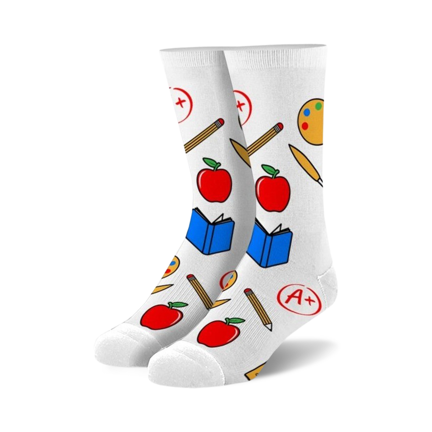 Pair of white crew socks with colorful illustrations of apples, pencils, paint palettes, and books.  Perfect for teachers!