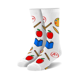 white crew length women's socks with apple, book, pencil, and painter's palette pattern and a+ with starburst   