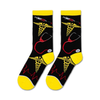 Close-up showcasing the detailed design of the 'Nurse' socks; caduceus, stethoscope, syringe and EKG.