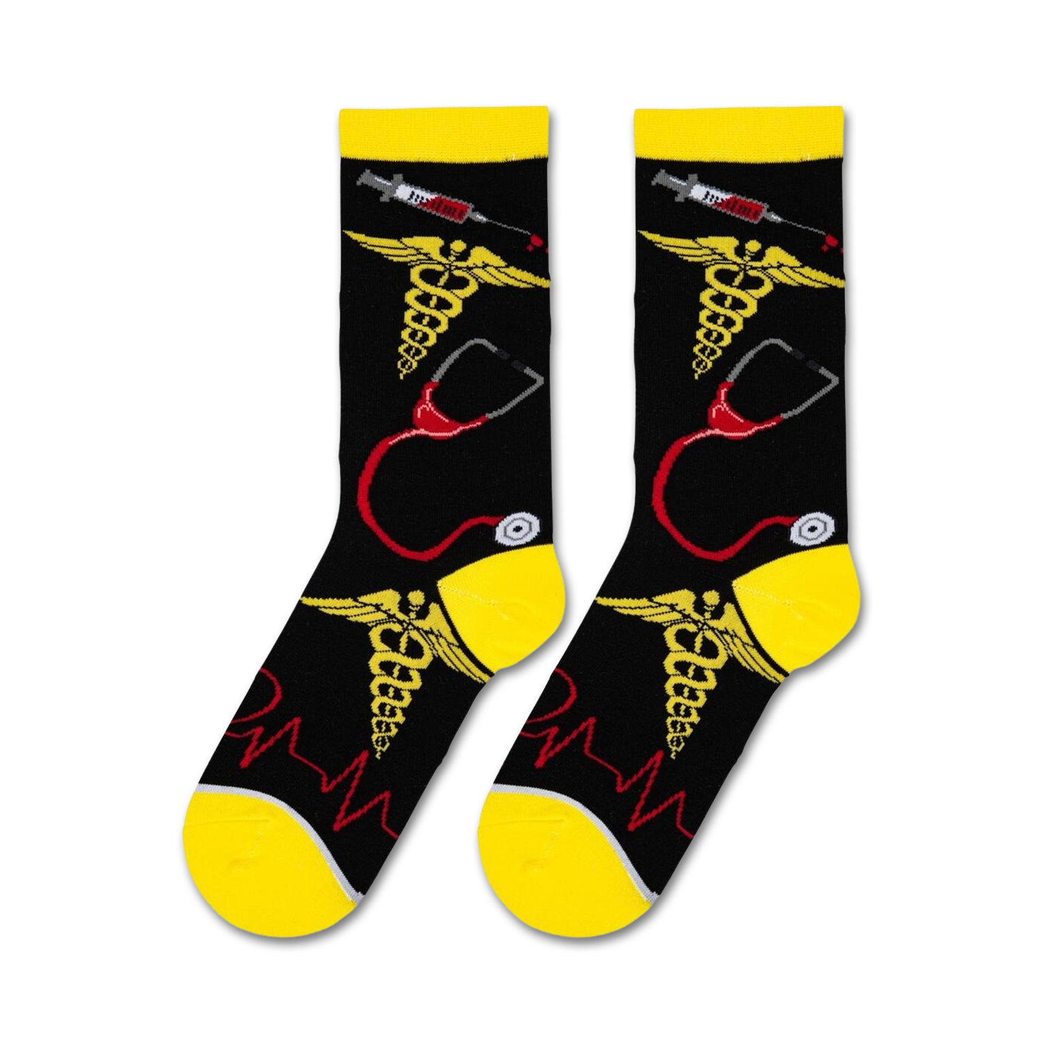 Close-up showcasing the detailed design of the 'Nurse' socks; caduceus, stethoscope, syringe and EKG.