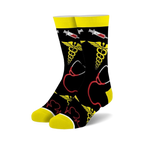 Pair of crew socks in black with yellow and red medical symbols: caduceus, stethoscope, and EKG line.  Fun and quirky design.