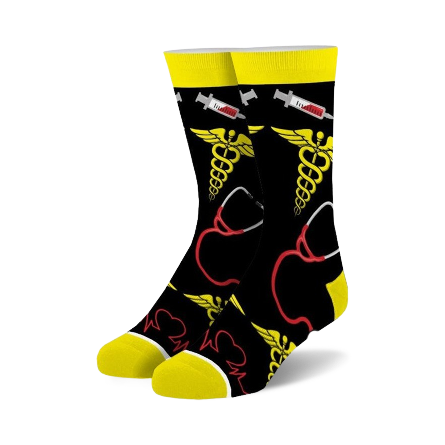 Pair of crew socks in black with yellow and red medical symbols: caduceus, stethoscope, and EKG line.  Fun and quirky design.