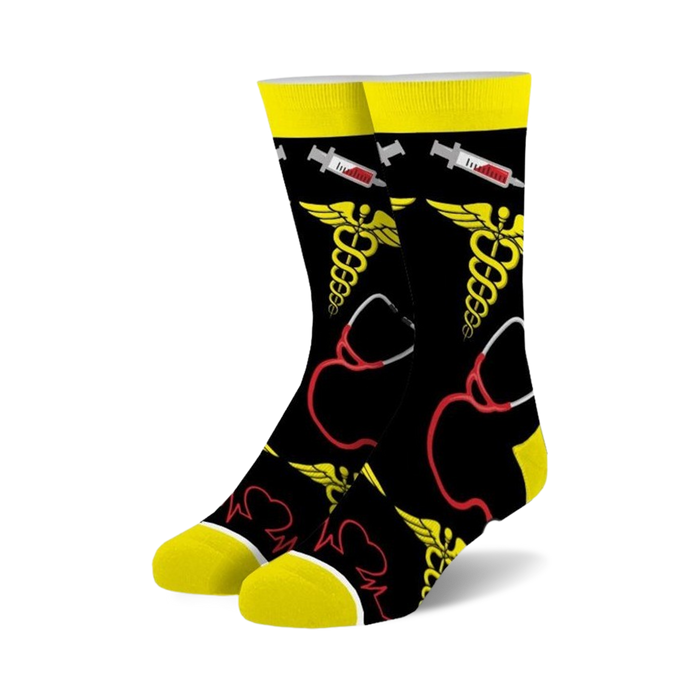 black crew socks with red hearts, yellow caduceus symbols, and red/yellow syringes. nurse theme.   