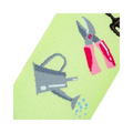 Detailed close-up of the sock design, focusing on a watering can and pink gardening shears.