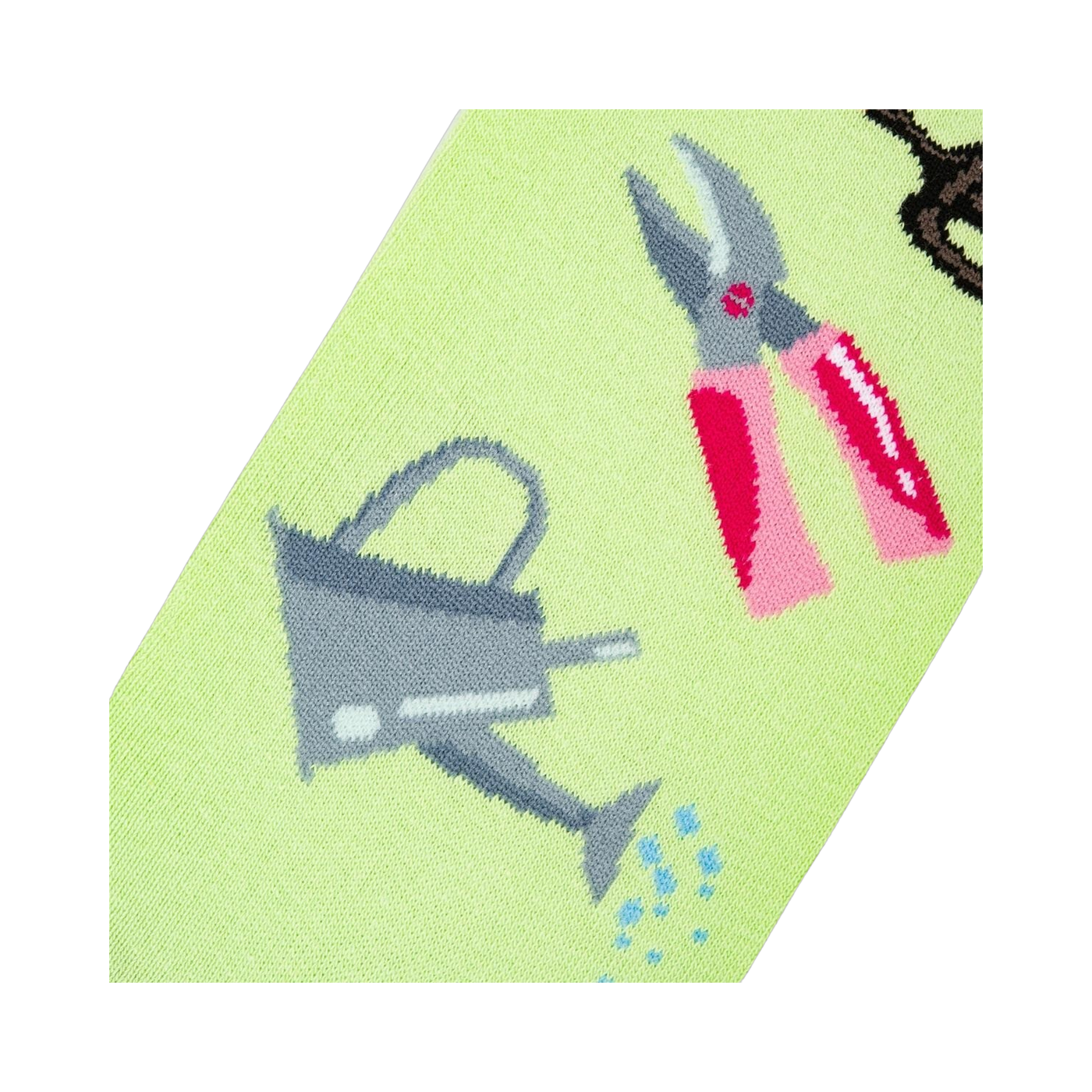 Detailed close-up of the sock design, focusing on a watering can and pink gardening shears.