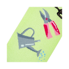 Detailed close-up of the sock design, focusing on a watering can and pink gardening shears.