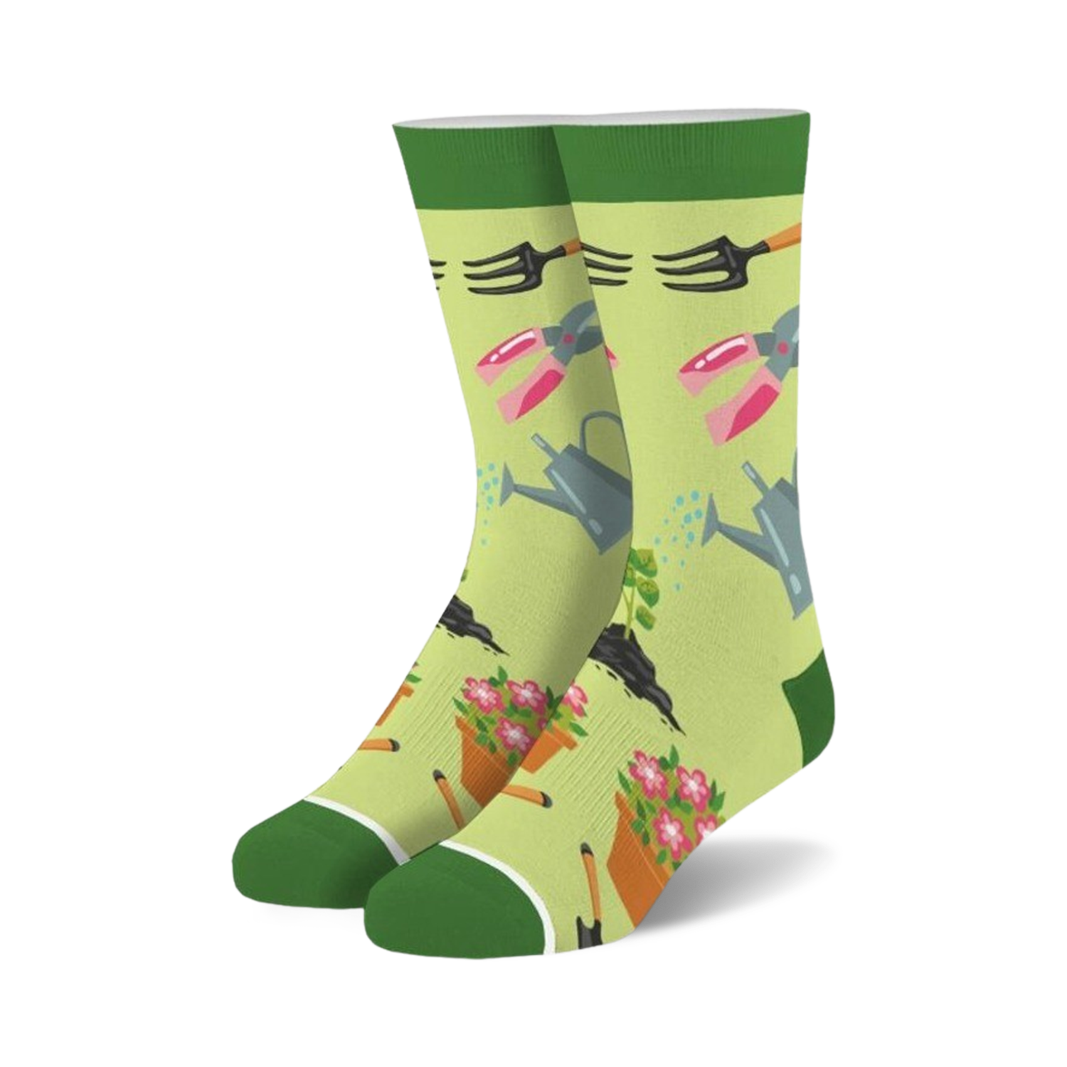 Pair of crew socks, light green background with gardening tools (watering can, shears, trowel) and flowers in pink and orange.