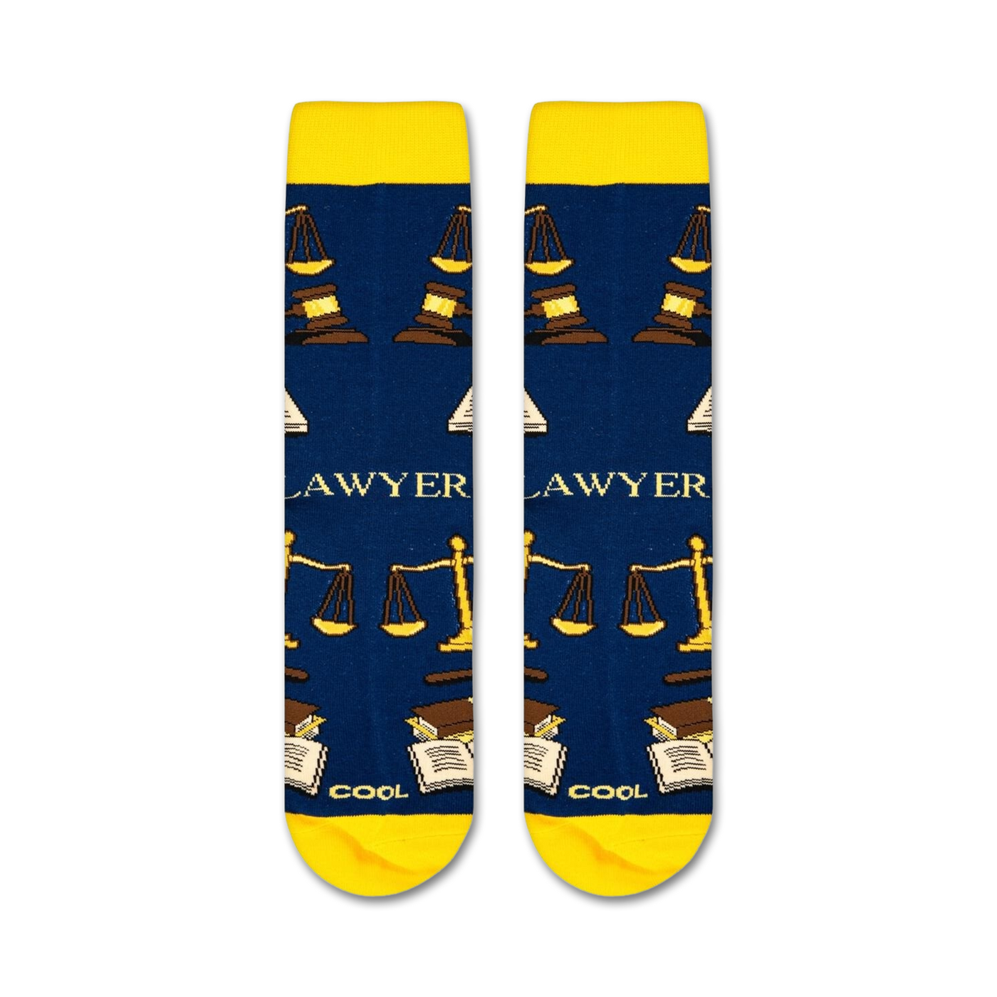 Flatlay showcasing the Lawyer socks, highlighting their navy blue color and gold design details.