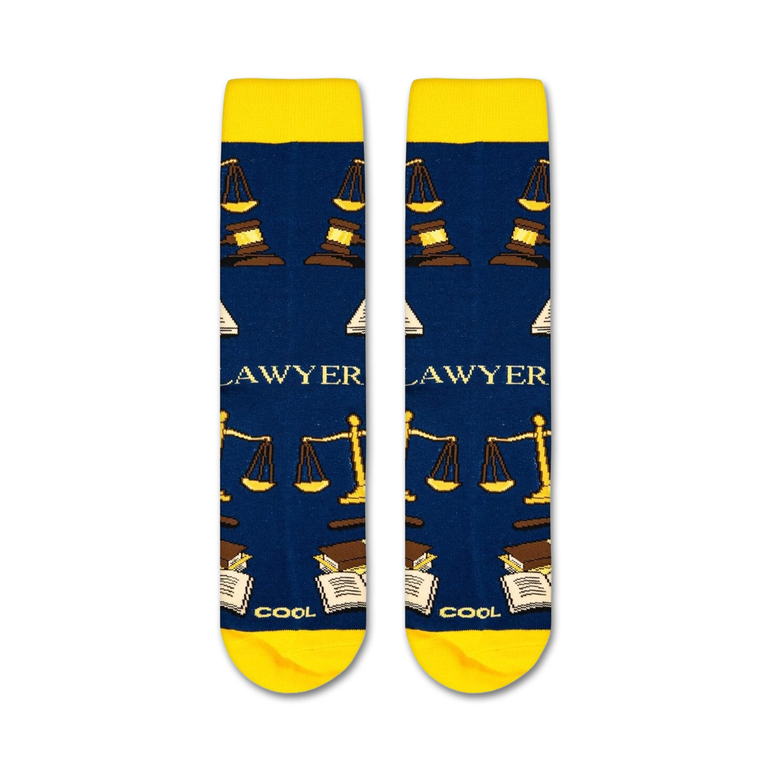 Flatlay showcasing the Lawyer socks, highlighting their navy blue color and gold design details.