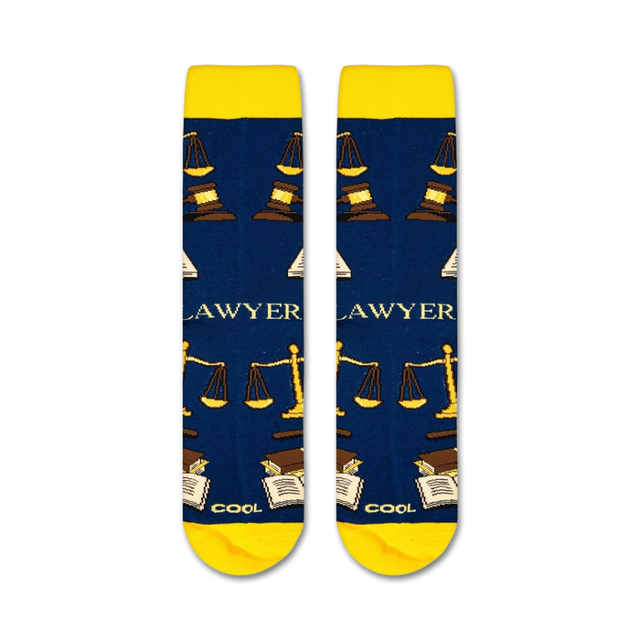 A blue sock with a pattern of gavels and books. The word 