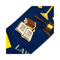 Close-up detail shot of the sock's design, focusing on the gavel, scales of justice, and open book illustrations.