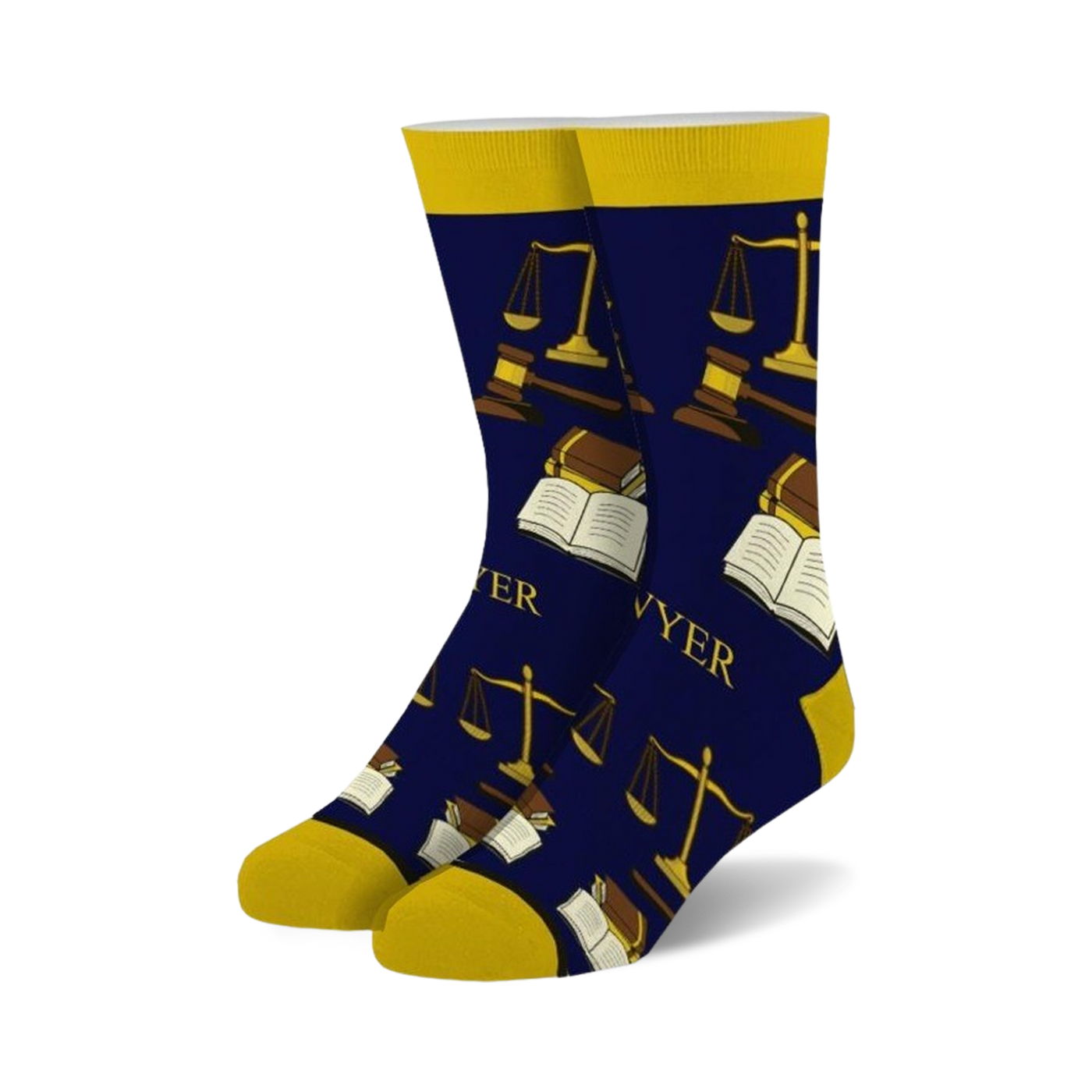 Pair of navy blue crew socks featuring gold scales of justice, gavels, and open books. The word 'Lawyer' is subtly incorporated into the design.