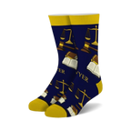 Pair of navy blue crew socks featuring gold scales of justice, gavels, and open books. The word 'Lawyer' is subtly incorporated into the design.