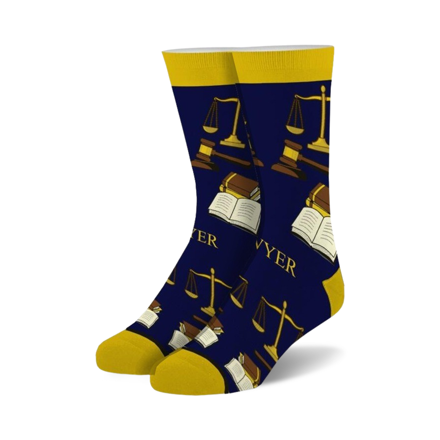 Pair of navy blue crew socks featuring gold scales of justice, gavels, and open books. The word 'Lawyer' is subtly incorporated into the design.