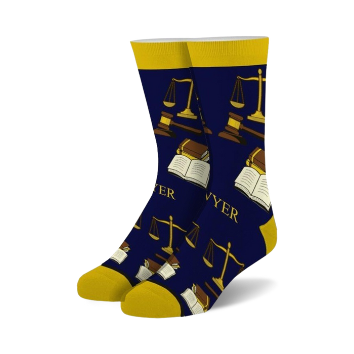 blue crew socks with yellow scales of justice and open books pattern. lawyer theme.  