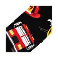 Close-up detail shot of the Firefighter sock design, emphasizing the firetruck illustration.