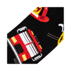 Close-up detail shot of the Firefighter sock design, emphasizing the firetruck illustration.