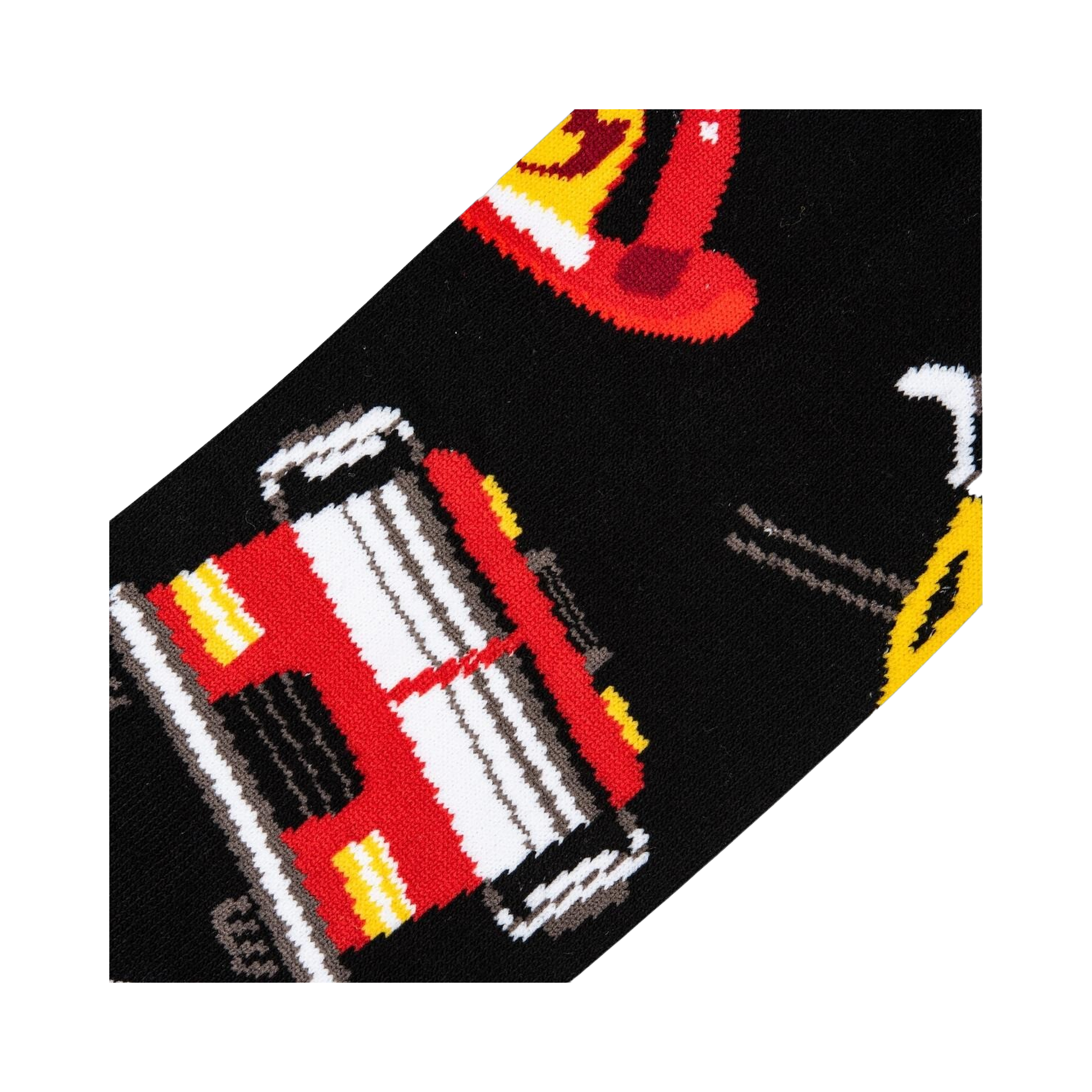 Close-up detail shot of the Firefighter sock design, emphasizing the firetruck illustration.