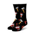 Pair of black crew socks featuring red fire trucks, axes, and helmets. Fun and playful design.