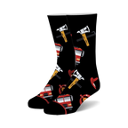 Pair of black crew socks featuring red fire trucks, axes, and helmets. Fun and playful design.
