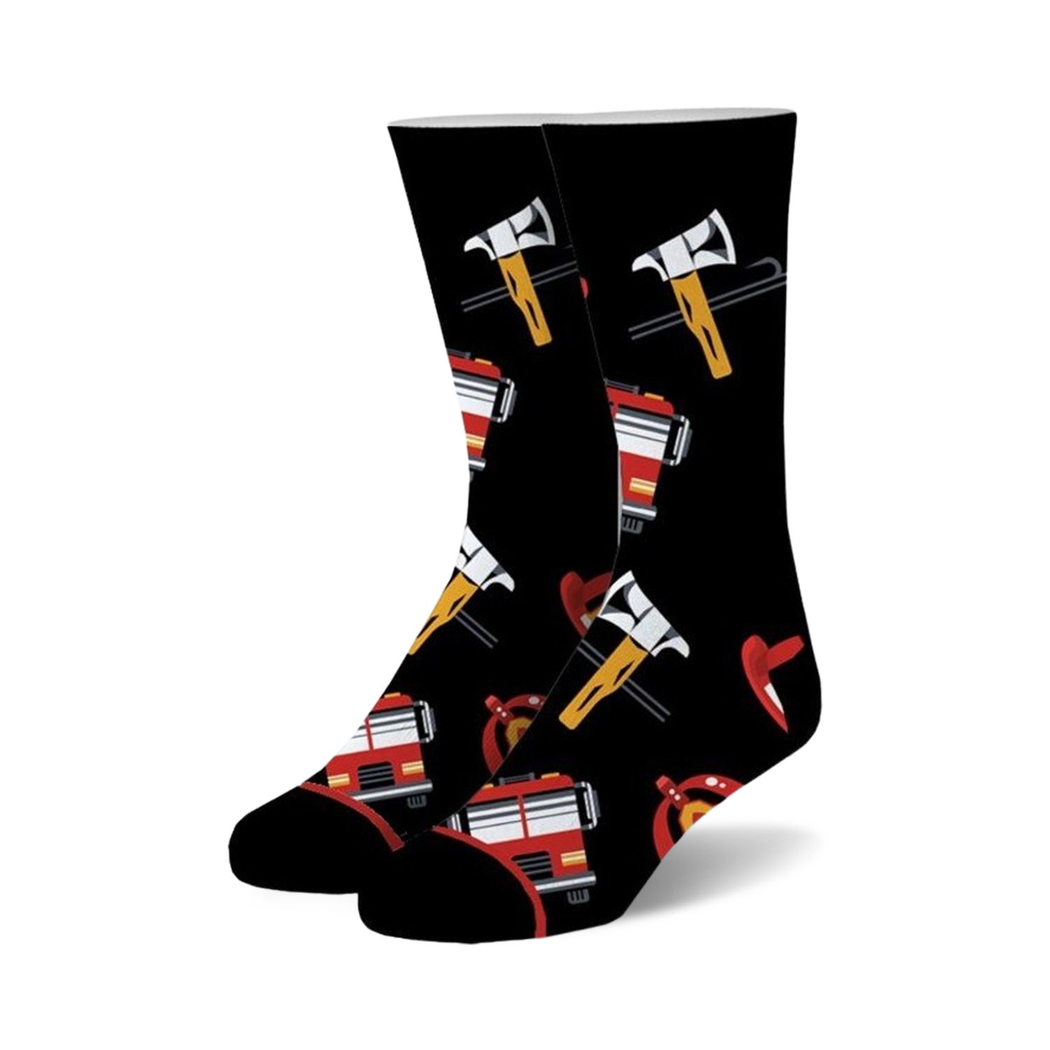 Pair of black crew socks featuring red fire trucks, axes, and helmets. Fun and playful design.