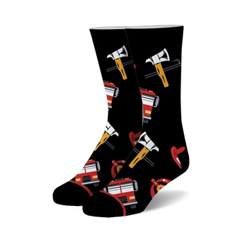 black crew socks featuring red fire trucks and firefighter axe design suitable for men and women  