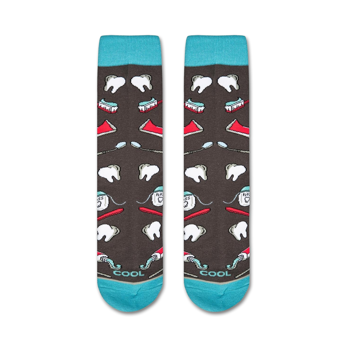 Flatlay showcasing the Dentist socks, highlighting the teal cuffs and full design.