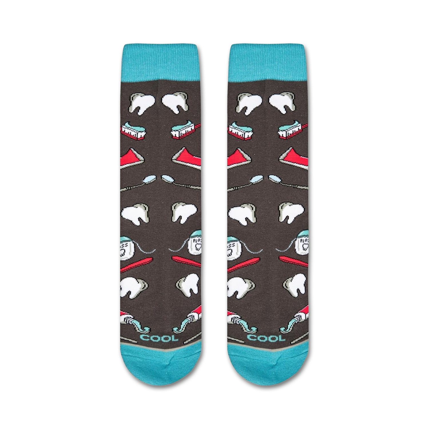 Flatlay showcasing the Dentist socks, highlighting the teal cuffs and full design.
