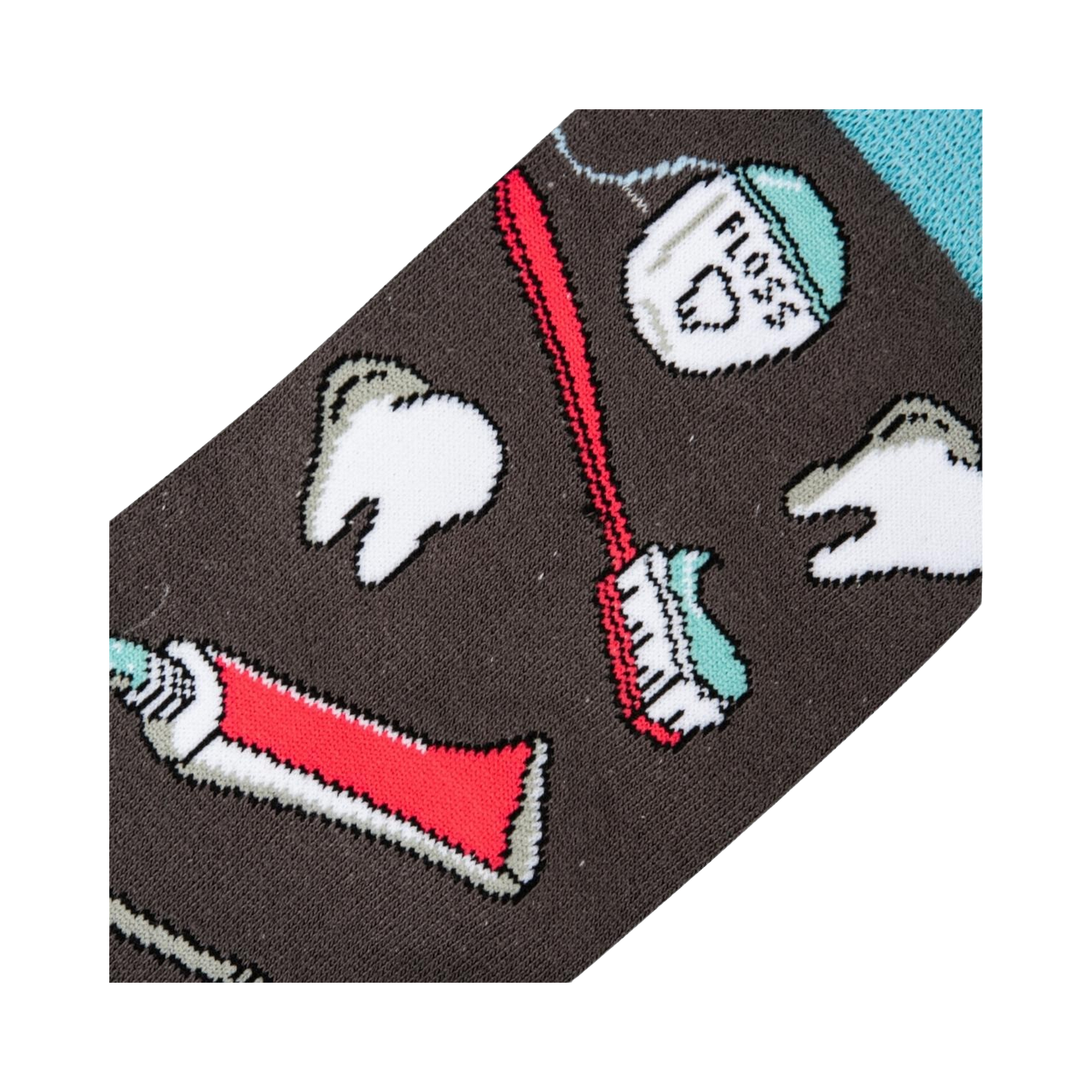 Close-up detail shot of the sock fabric, showing the crisp and detailed print of the dental tools and teeth.
