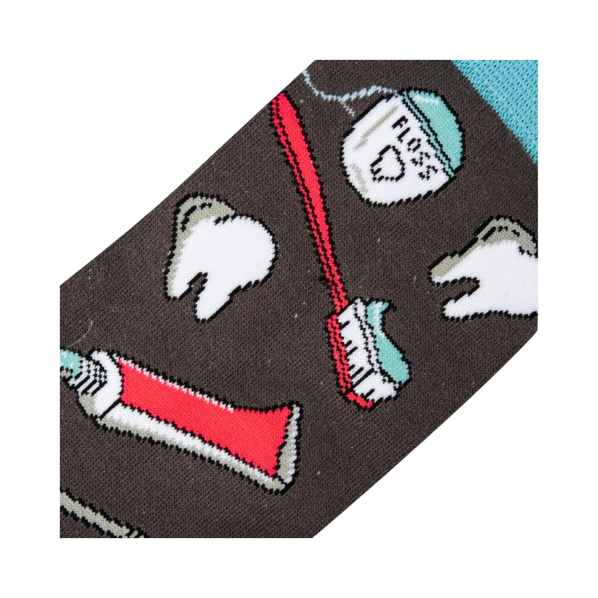 Close-up detail shot of the sock fabric, showing the crisp and detailed print of the dental tools and teeth.
