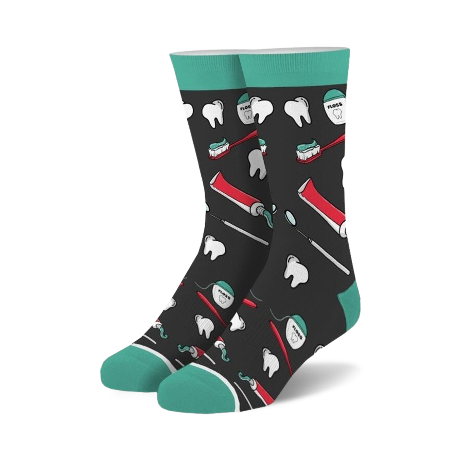 Pair of crew socks with a dark background and teal cuffs.  The design features illustrations of teeth, toothbrushes, toothpaste tubes, and dental floss.