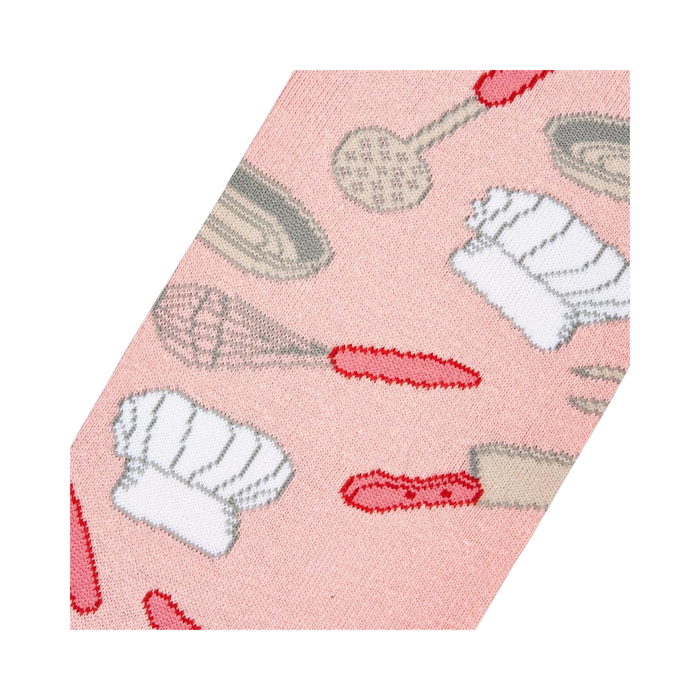 Close-up detail shot of the Chef sock fabric, highlighting the pink background and kitchen utensil pattern.