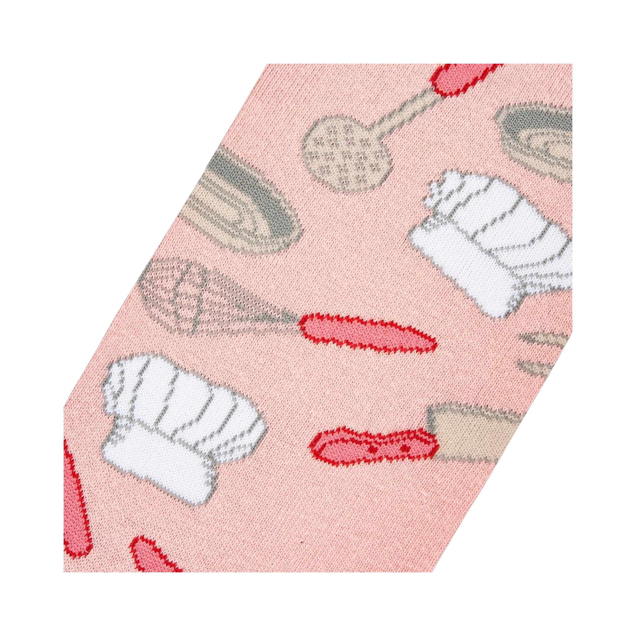 Close-up detail shot of the Chef sock fabric, highlighting the pink background and kitchen utensil pattern.