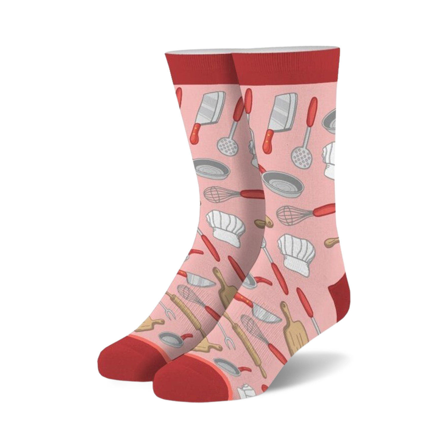 Pair of crew socks in pink, red, and cream.  Features a fun pattern of chef hats, whisks, spatulas, and other kitchen tools.