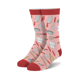 crew length women's socks with chef-themed patterns: chef hats, spatulas, rolling pins, meat cleavers, whisks, and frying pans.  