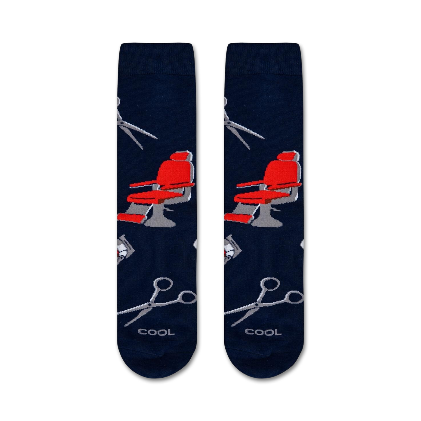 Flatlay image of two Barber Shop socks showing the full design.