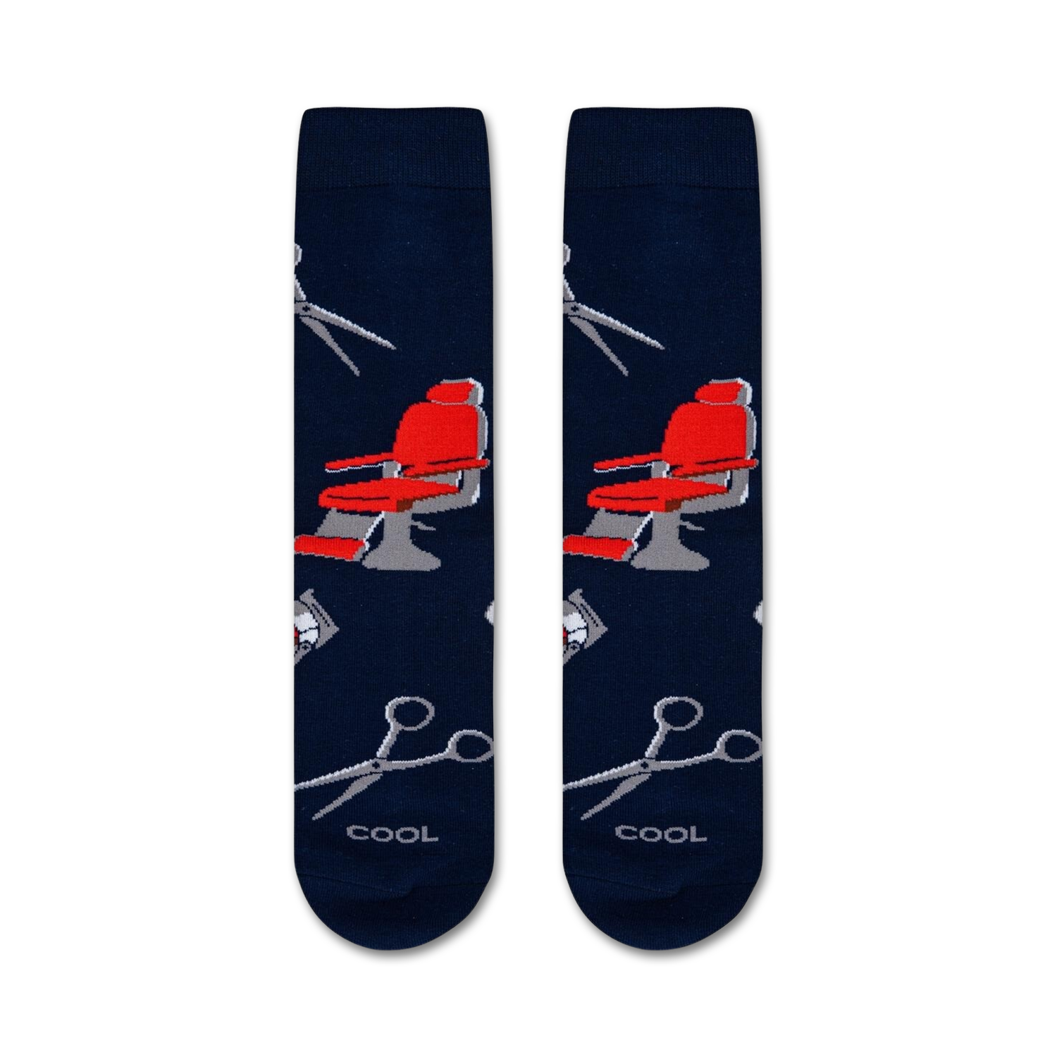 Flatlay image of two Barber Shop socks showing the full design.