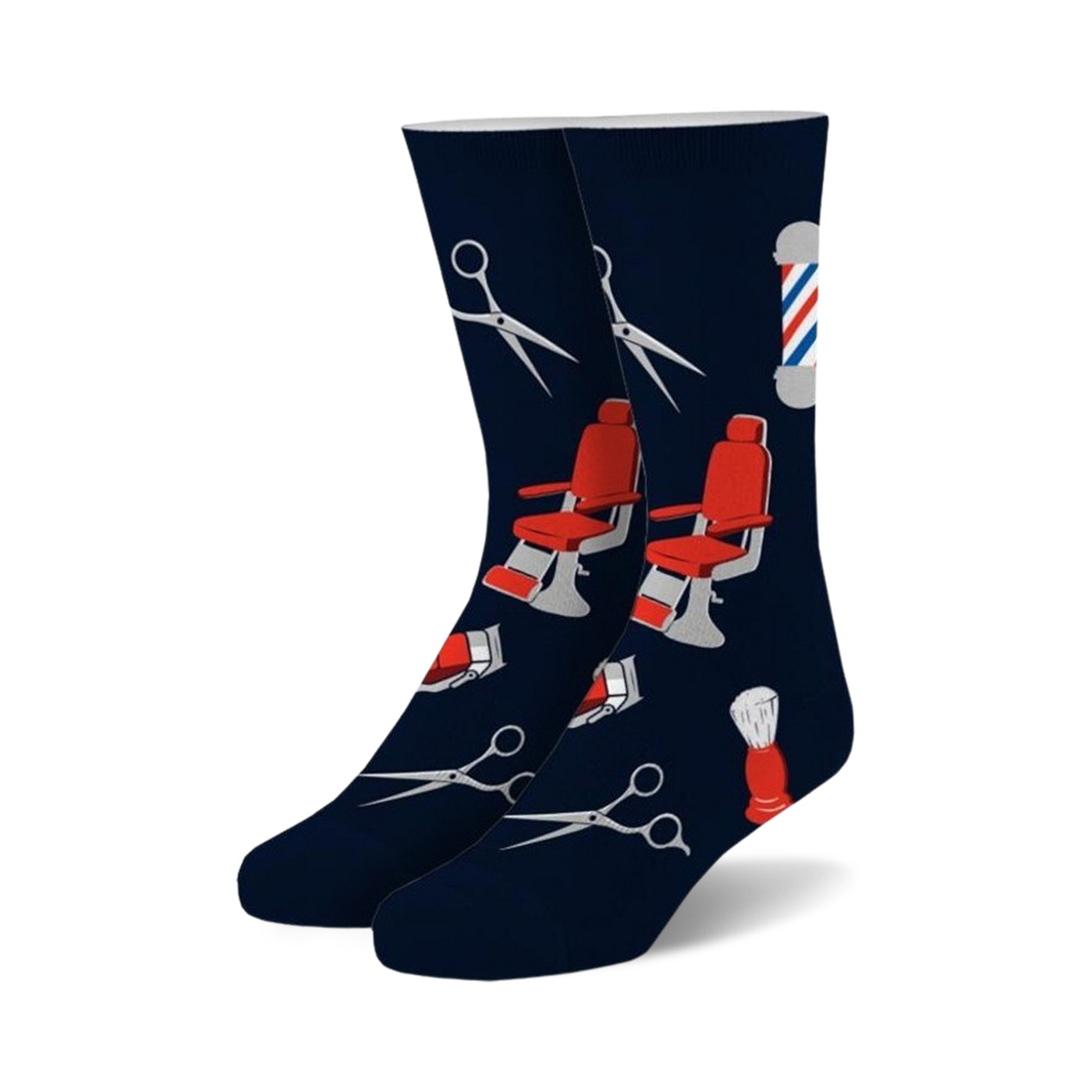 Pair of navy blue crew socks with red and gray barber-themed designs: barber chairs, scissors, and shaving brushes.