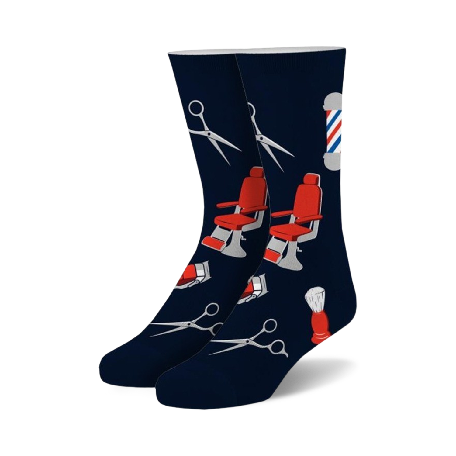 Pair of navy blue crew socks with red and gray barber-themed designs: barber chairs, scissors, and shaving brushes.