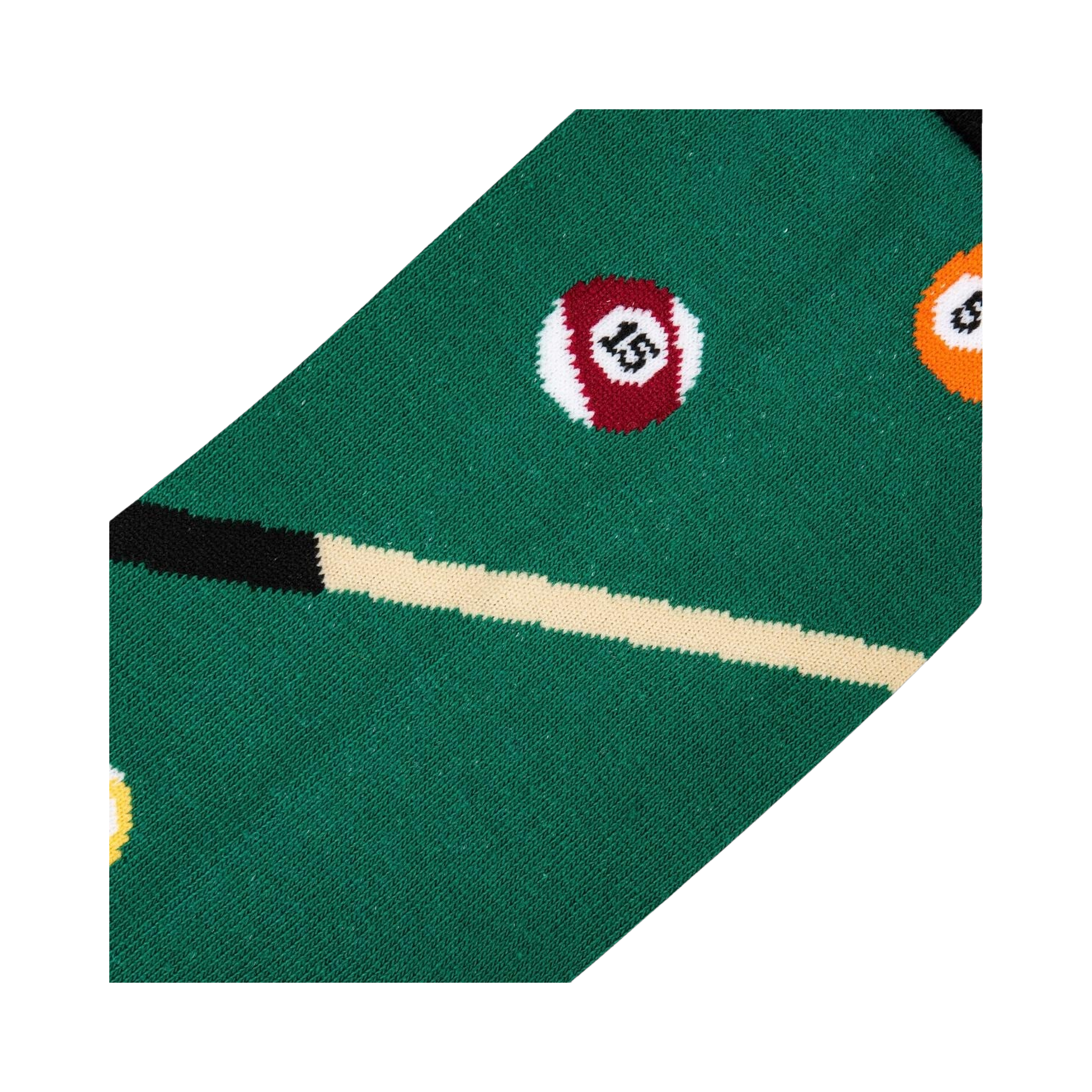 Close-up detail shot of the Billiards socks, focusing on the texture and pool cue design.
