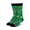 Pair of crew socks with a green pool table design. Features billiard balls in various colors and cues. Black cuff.