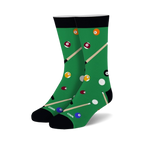 Pair of crew socks with a green pool table design. Features billiard balls in various colors and cues. Black cuff.