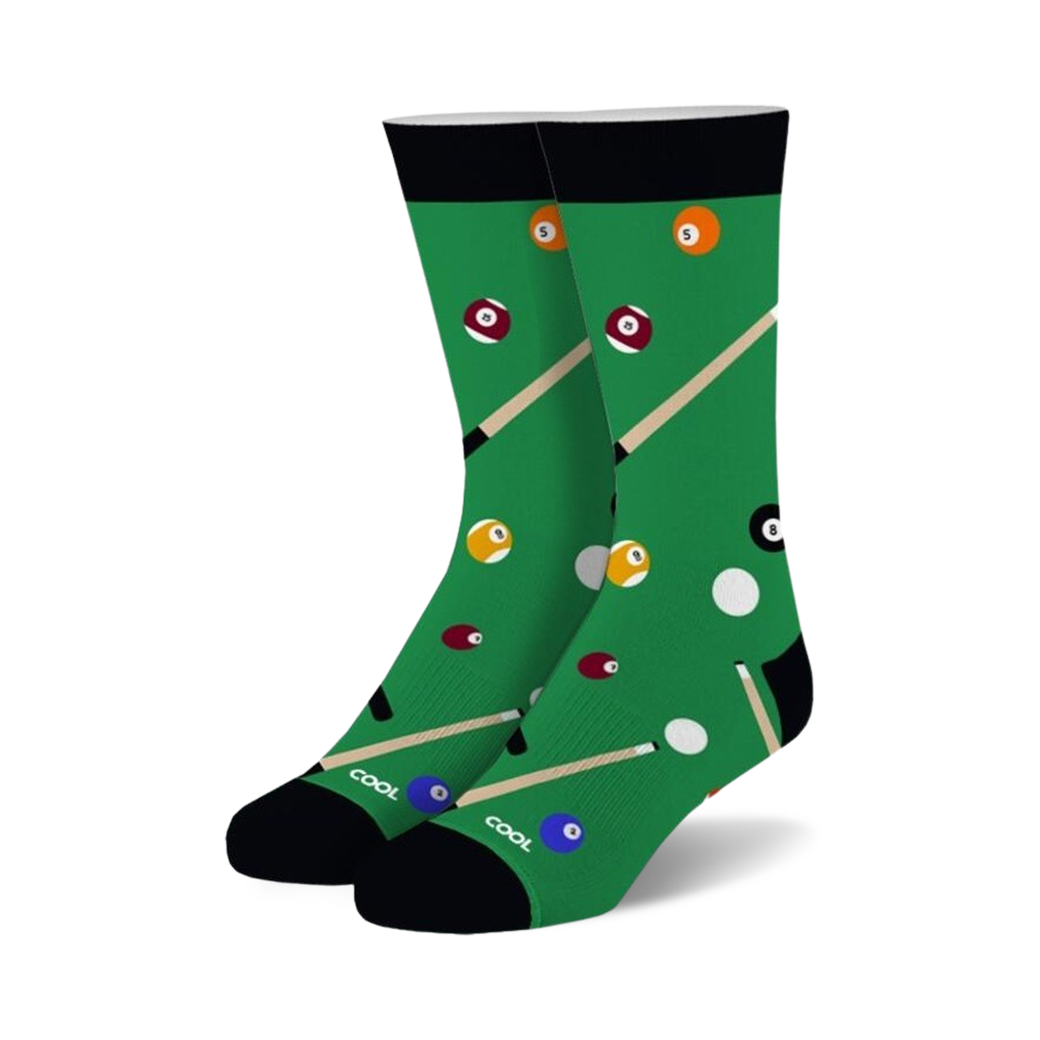 Pair of crew socks with a green pool table design. Features billiard balls in various colors and cues. Black cuff.