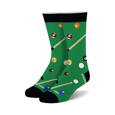 billiard ball and pool cue stick pattern socks for men and women, crew length.  