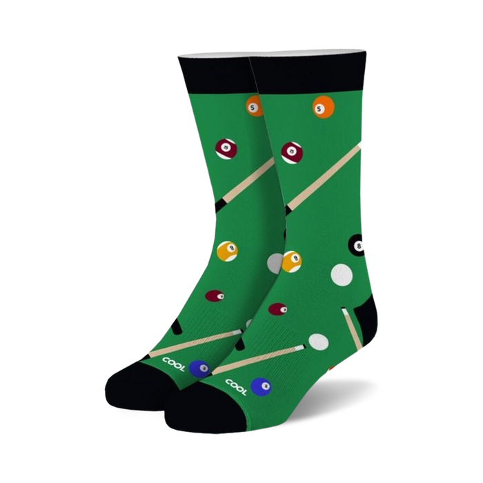 billiard ball and pool cue stick pattern socks for men and women, crew length.  